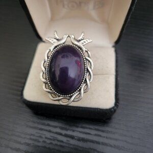 Silver Tone Oval Dove Theme Adjustable   Ring Purple Plastic Inset Artisan